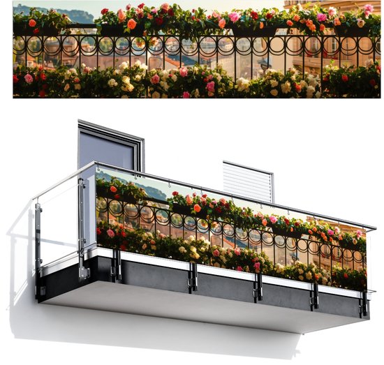 Balkonscherm 300x75 cm - Balkonposter Bloemen - Hek - Stadszicht - Zomer - Balkon scherm decoratie - Balkonschermen - Balkondoek zonnescherm
