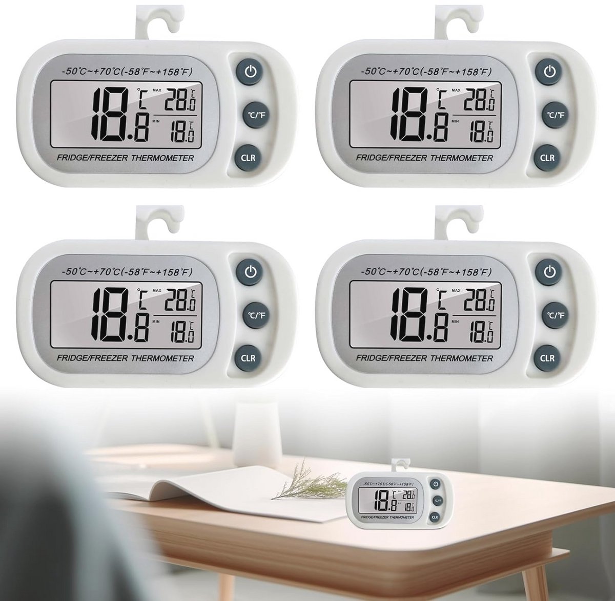 Digitale Koelkastthermometer - 4 Stuks, LCD-display, Diepvriesthermometer, Magnetisch & met Haak