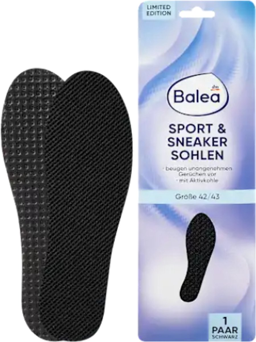 Balea Sport & Sneaker Inlegzolen - Maat 42/43 - Zwart | 1 Paar Latexschuim-inlegzooltjes | Met Actieve Kool tegen Onaangename Geurtjes