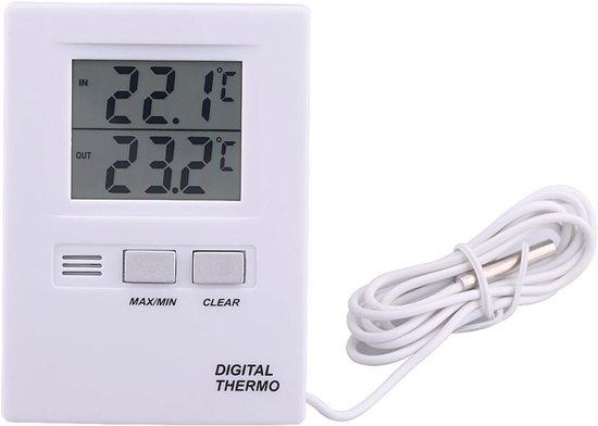 Witte digitale thermometer met dubbel display, MAX/MIN en CLEAR knoppen en gekrulde witte kabel met sensor.