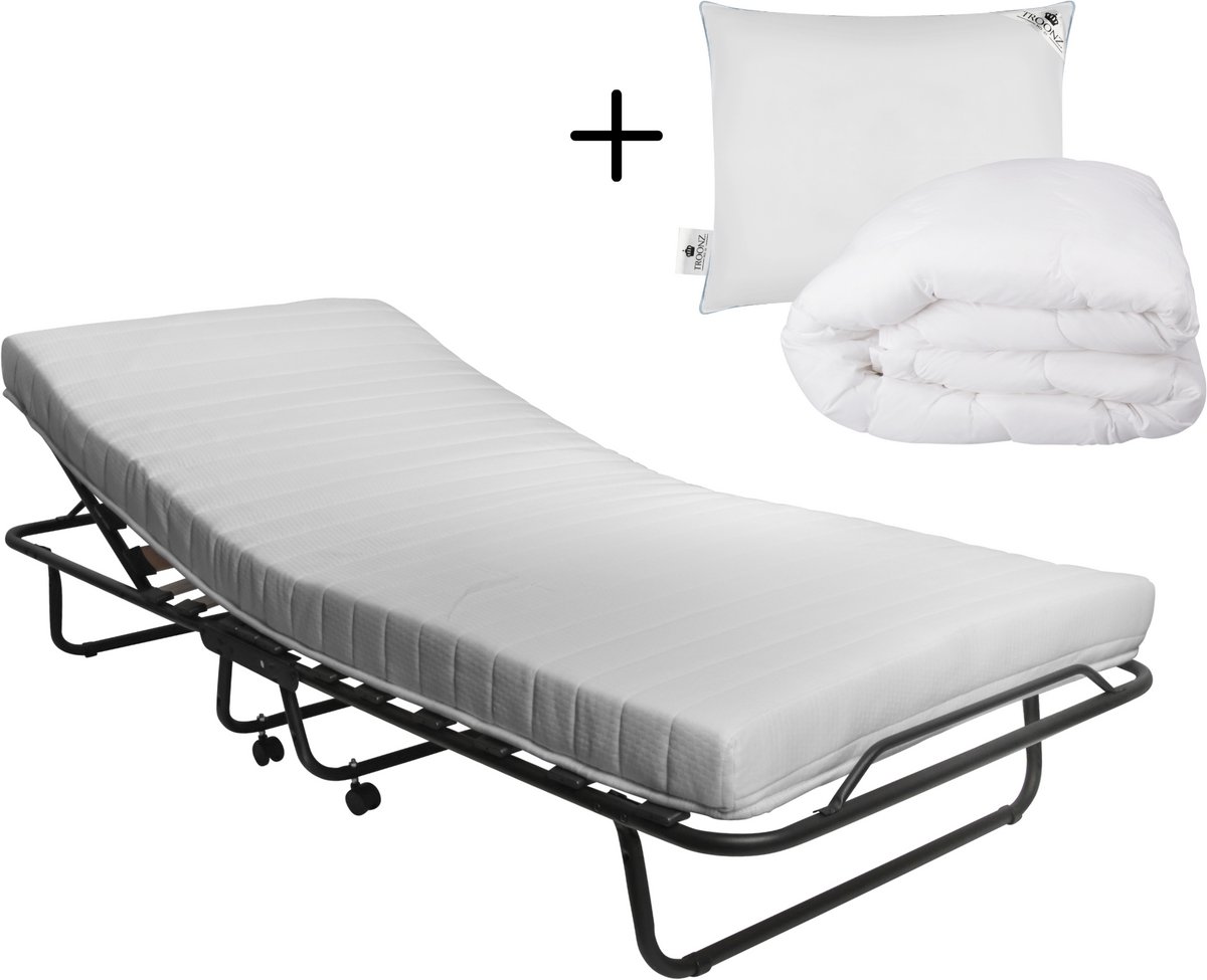 Troonz® Opklapbed Napoli 90x200 cm – Handmatig Verstelbaar Vouwbed met Luxe Matras – Compact Logeerbed Inklapbaar – Verstelbaar Eenpersoonsbed - Logeerbed inclusief Hoofdkussen en 4 seizoenen Dekbed
