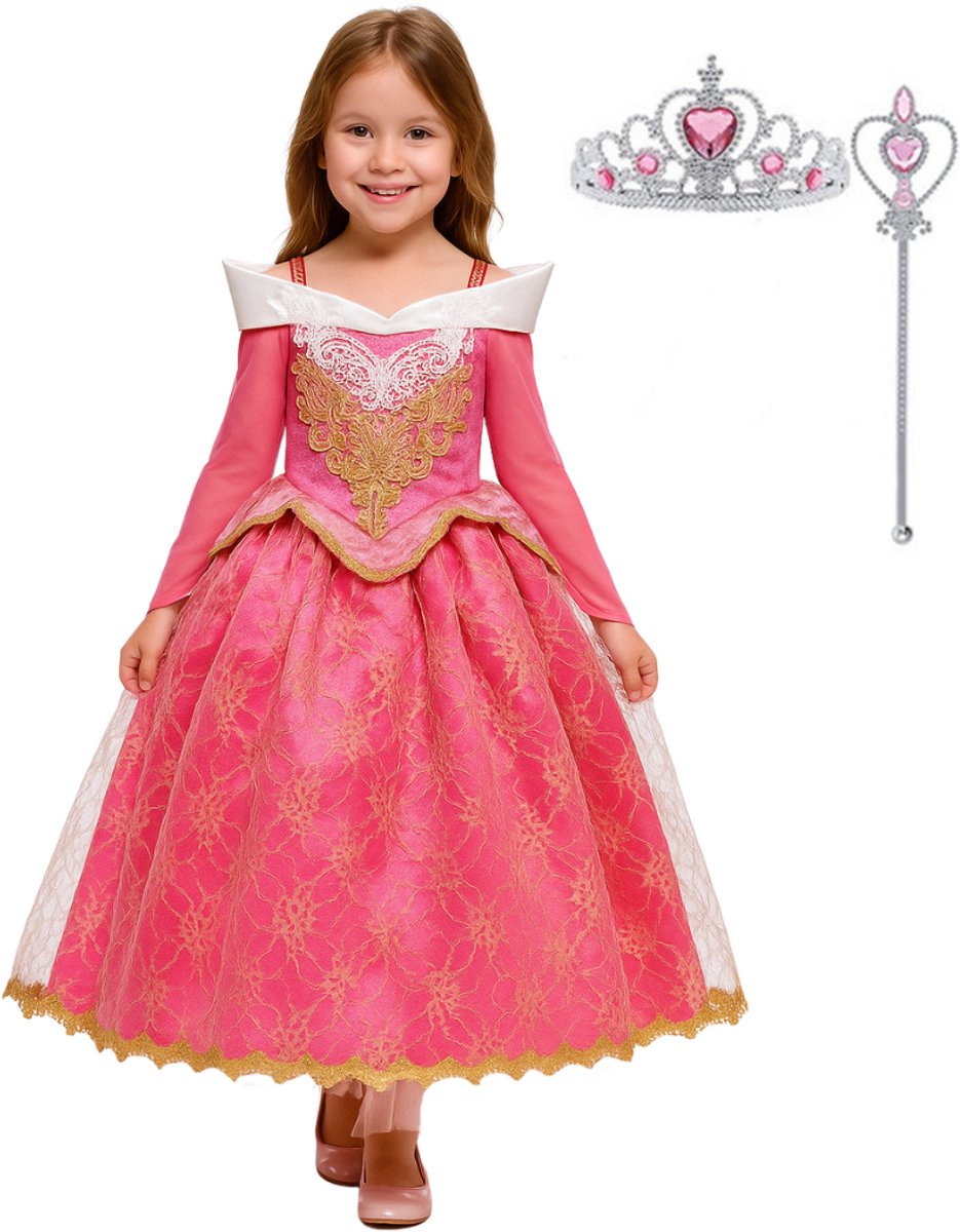 Joya Kids® Roze met Goud Prinses verkleedjurk | Roze Prinsessenjurk | verkleedkleding Meisje | Maat 116-122 (120) roze goud + kroontje & Staf | Cadeau meisje