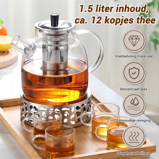Theepot van 1,5 liter, theepot met zeef, borosilicaatglas, theeservies Theepot van 1,5 liter, theepot met zeef, borosilicaatglas, theeservies