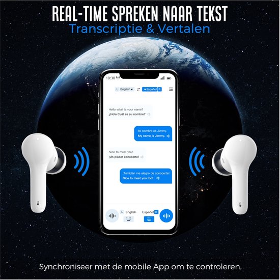 Taalvertaler Oordopjes, Ondersteuning voor 144 Talen Online Vertaling 2,5s Realtime Vertaling voor Muziek en Bellen voor, IOS en (WHITE