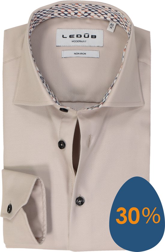 Chemise Ledub Modern Fit - popeline - marron clair - Sans repassage - Col : 39