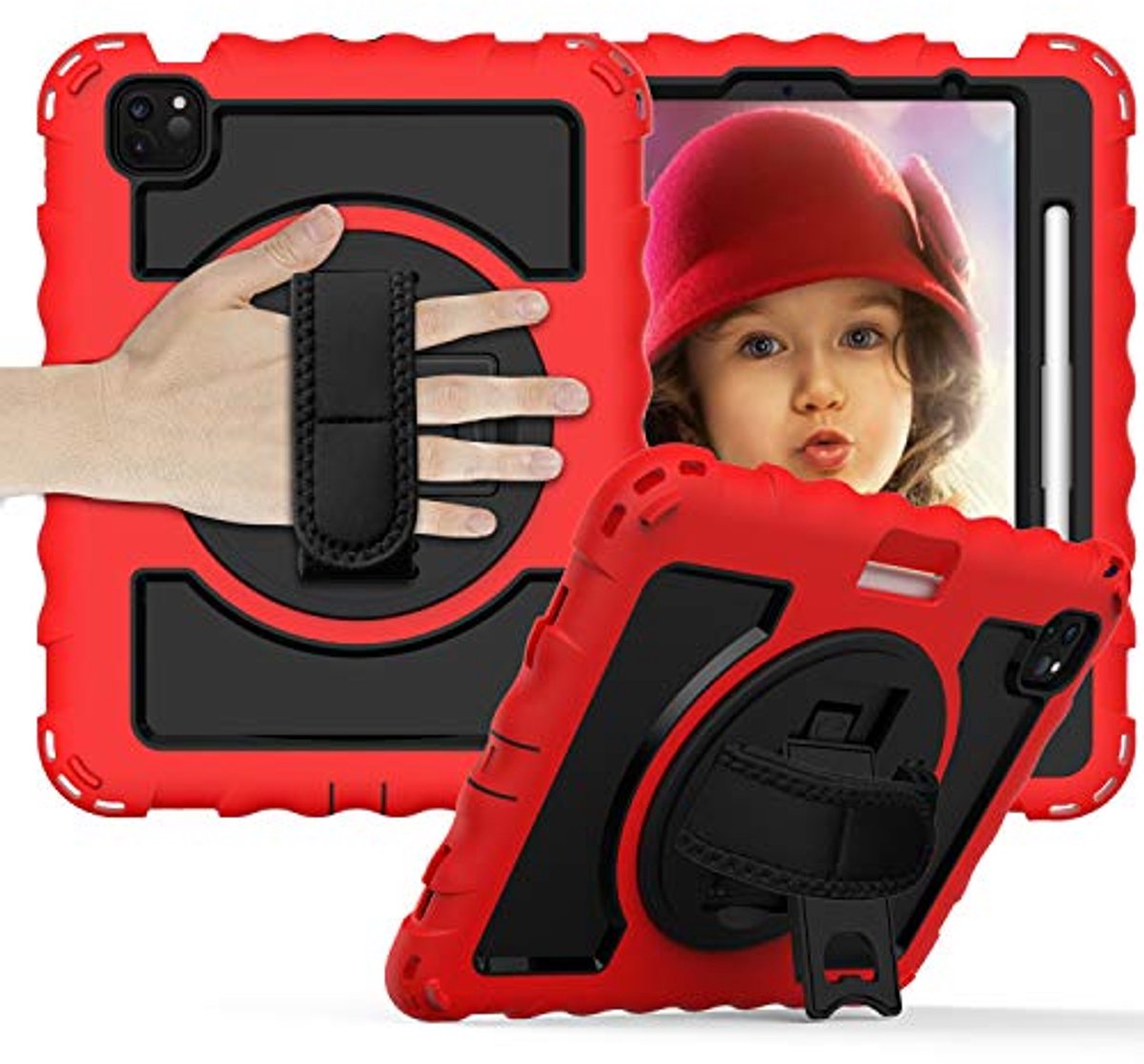 Samsung Galaxy Tab A7 10.4 Tablethoes (T505/T510) – Schokbestendig – 360° Draaibare Standaard – Met Handriem, Schouderriem & Penhouder – Rood
