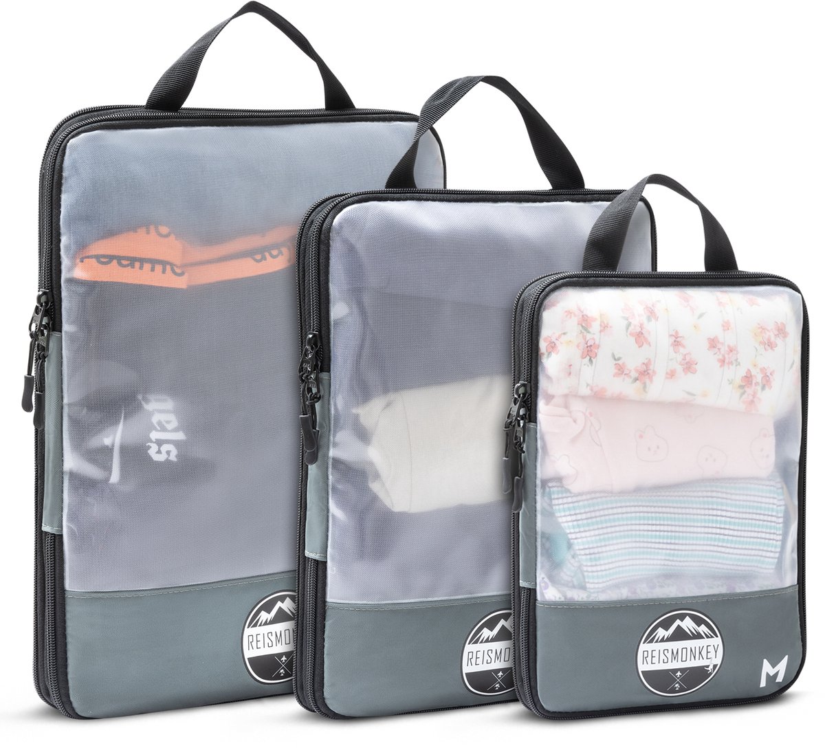 Reismonkey Packing cubes transparant - Grijs - Met compressie - Kofferorganizer - set van 3 - waterafstotend