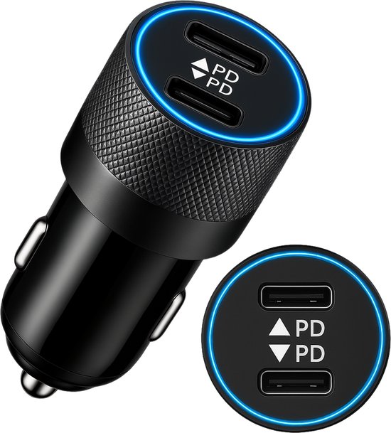 VeryGoods Auto Oplader USB C - Autolader met 2 USB-C Poorten - Laad 3x Zo Snel - Snellader 12V - Sigarettenaansteker Splitter Adapter - USB C Autolader - Zwart