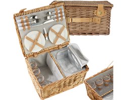 tectake® complete Picknickmand Set Terschelling - Luxe 21-delige Picknick set voor 4 personen - Picknick Mand van Riet - Inclusief Koelvak, Set met Borden, Kunststof Wijnglazen en Roestvrijstalen Bestek