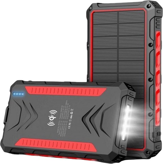 Tensfact® Solar Powerbank 36000 mAh Wireless Charger - Powerbank Zonneenergie - Snellader Iphone Samsung - USB & USB-C - Rood