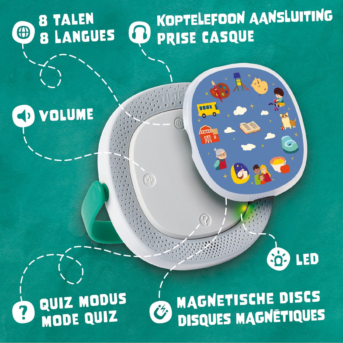 TIMIO Player Starter Kit + 5 Discs – Educatieve Audio-Speler 2–6 jaar | Oplaadbar | Kinderliedjes, Verhaaltjes & Quizvragen | Leert Letters, Kleuren, Getallen, Dieren | 8 Talen (NL/FR/EN/DE...) — afbeelding 3