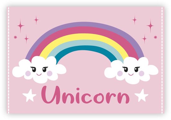 Fond rose avec un arc-en-ciel, deux nuages avec des visages et le mot 'Licorne' entouré d'étoiles.