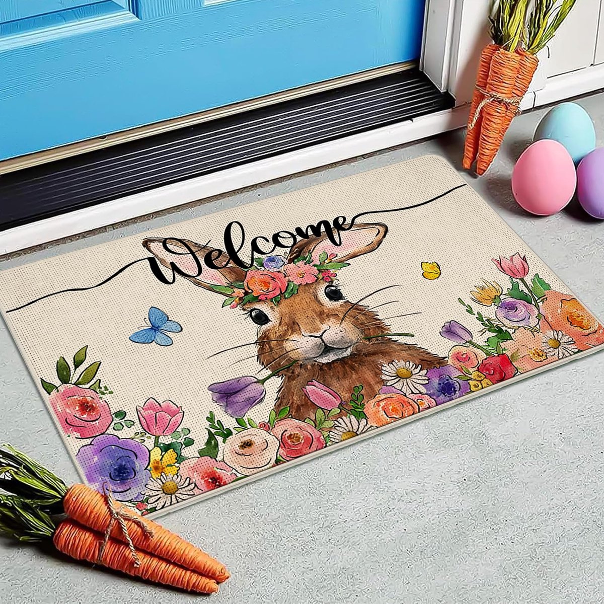 Unyqoos ® Charmante Pasen Deurmat met Konijnen en Bloemenpatroon, Perfect voor Binnen en Buiten Decoratie
