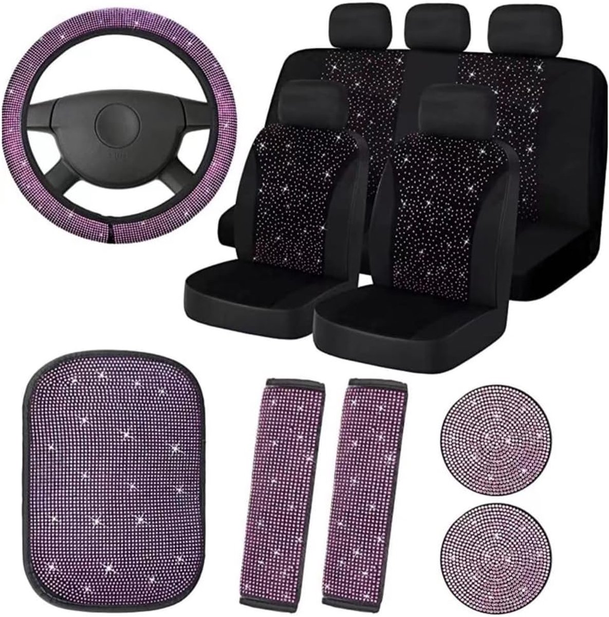Image of 15-delige glinsterende autostoelhoezenset voor dames, kristallen stuurhoes, glinsterend fluweel, ademende stoelbekledingset, glinsterende middenconsole-pad, universele auto-interieur - Roze diamant 38 cm