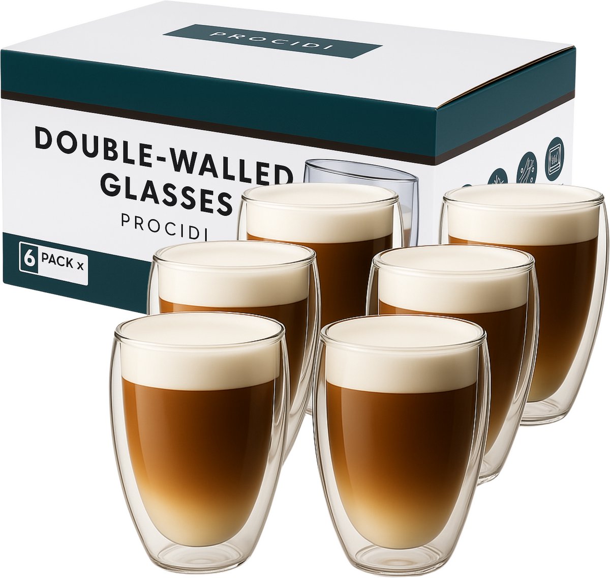 Bol.com Procidi® Dubbelwandige Glazen – Koffieglazen & Theeglazen – 350 ml – Vaatwasserbestendig & Handgemaakt - Koffietassen – ... aanbieding