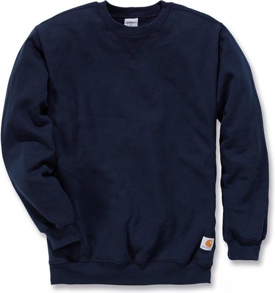 Donkerblauwe sweater met V-detail bij de nek en een Carhartt-label op de heup.