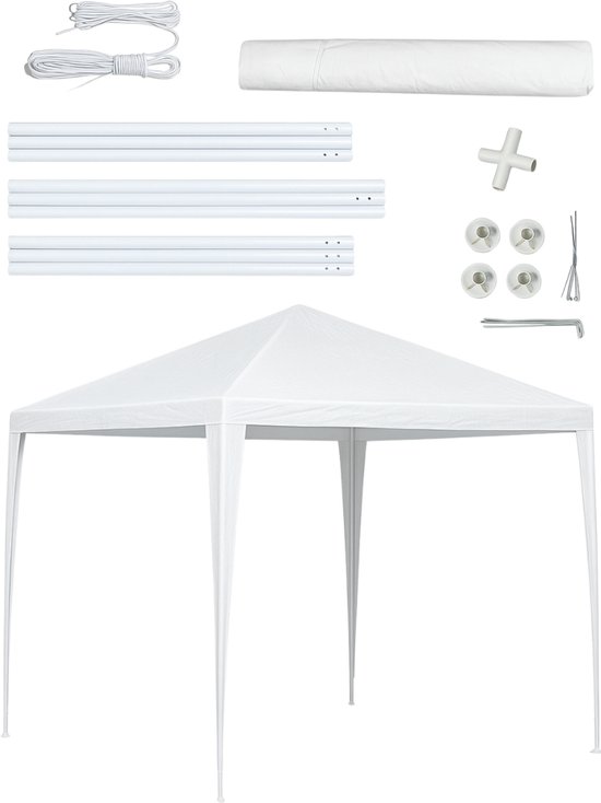 Kinzo Partytent 3x3 Meter - Waterdicht Paviljoen en Feesttent voor Tuin of Terras - Party Tent incl. Haringen en Scheerlijnen - Nokhoogte 2.5M - Kunststof - Wit