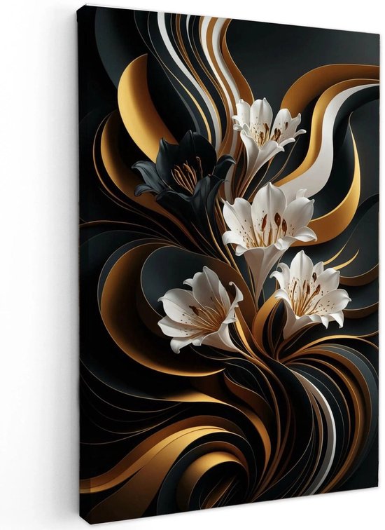 Canvas schilderij - Black & Gold Elegance - 90x60 cm - Abstracte kunst - Huis decoratie woonkamer - Keuken muur schilderijen - Wanddecoratie accessoires - Kamer interieur natuur
