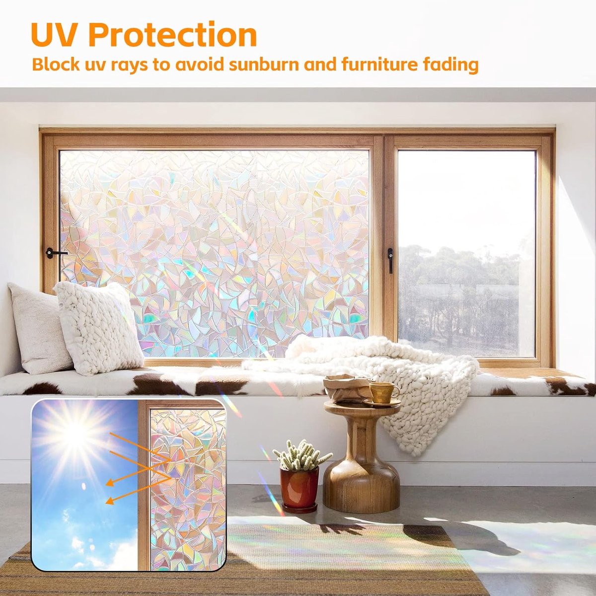 Famanu Raamfolie Window Privacy Film 90 x 220 cm, Zelfklevende Vensterfolie met Statische Hechting, 3D Regenboog Decoratieve Folie voor Kantoor Thuis Keuken