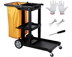 Schoonmaaktrolley met 3 Plateaus, PP-Materiaal, 120 x 51 x 98 cm, Max. 200 lbs Draagvermogen, 4 Vergrendelbare Wielen, Geel+Zwart