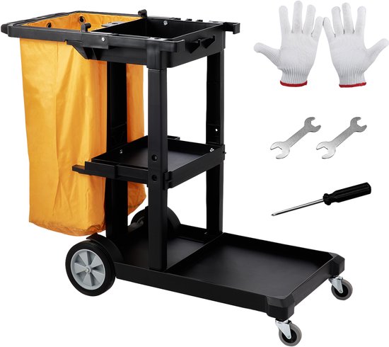 Chariot de ménage avec 3 étagères, matériau PP, 120 x 51 x 98 cm, capacité de charge max. 200 lb, 4 Roues verrouillables, jaune et Zwart