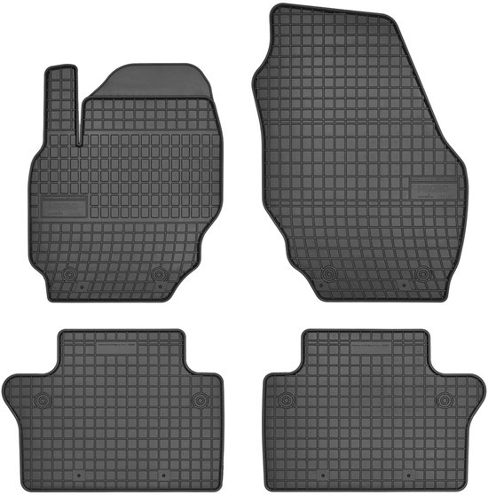 Vier zwarte rubberen automatten met een ruitpatroon, specifiek voor de Volvo S80 2006-2016.