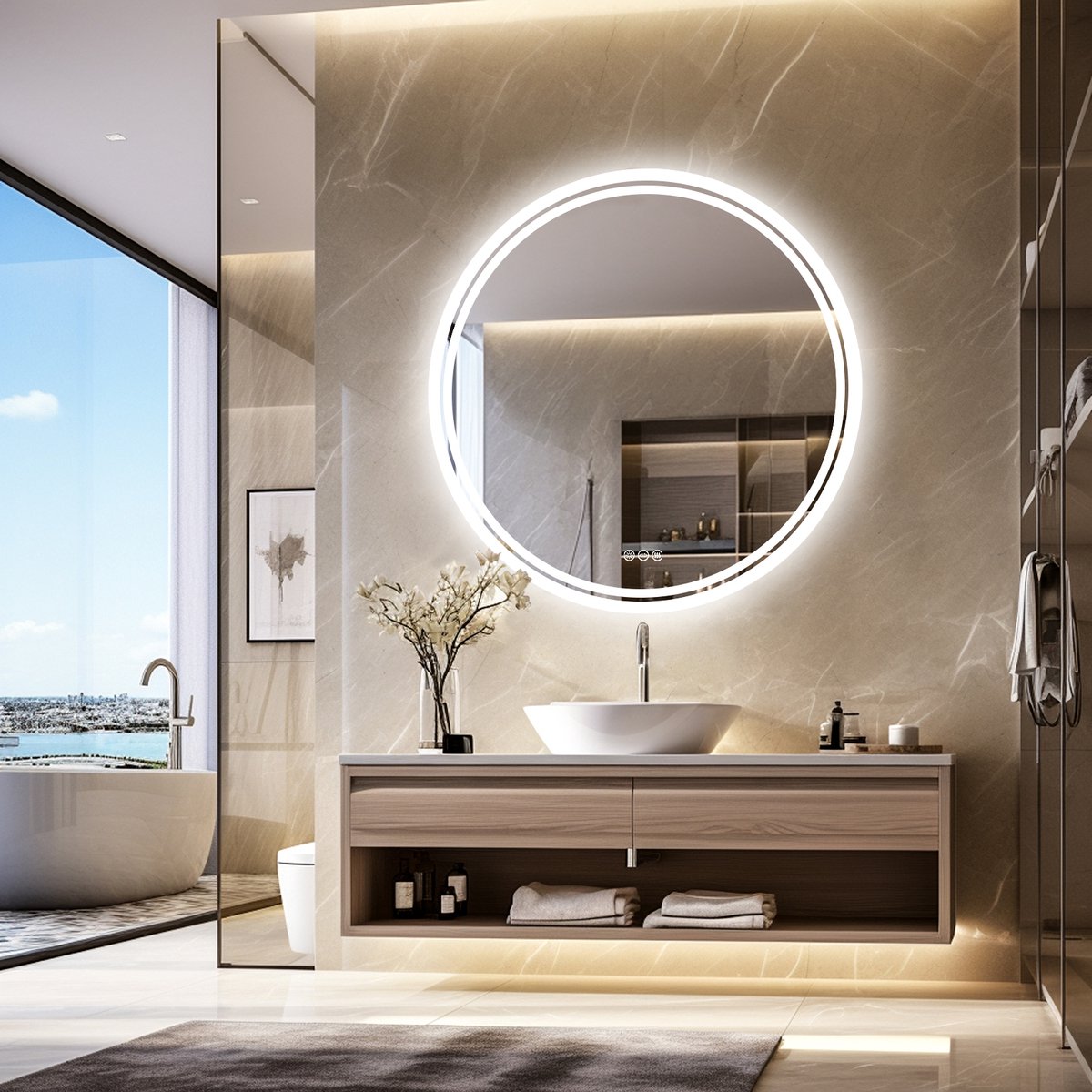LUVODI Ronde LED Spiegel 80x80cm - Badkamerspiegel voor wandmontage - Dimbaar 3-kleuren licht - Anti-condens - Geheugenfunctie - Touch Button - Hardwire of Plug-in