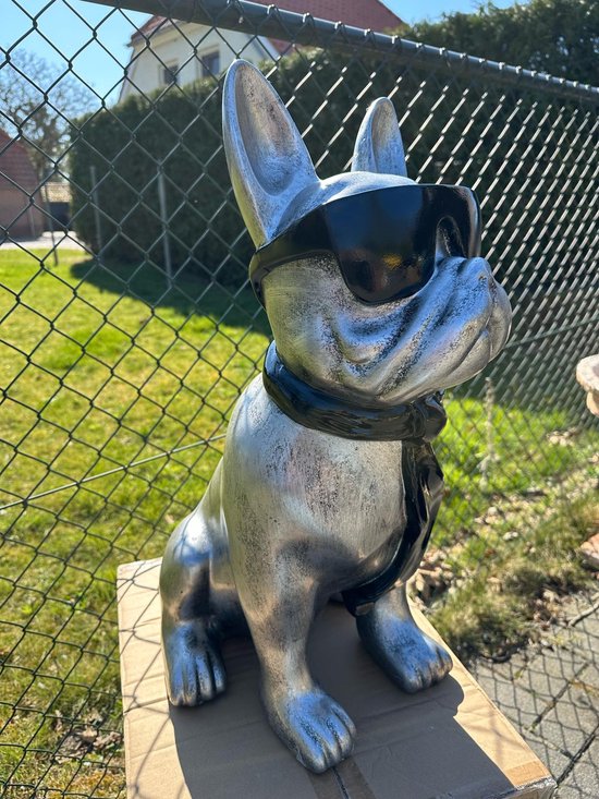 Statuette Bouledogue Français Goodyz - 60 cm de haut - avec lunettes - Couleurs Diverse - Argent vieilli