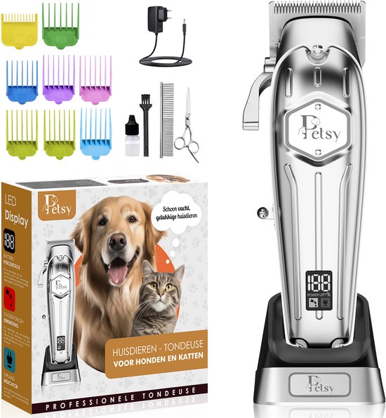 Petsy Professionele Hondentondeuse - 2-in-1 Dieren tondeuse voor Dikke Vacht - Stil - Scheerapparaat voor Honden en Katten - Honden Trimmer - Inclusief Oplaadstation