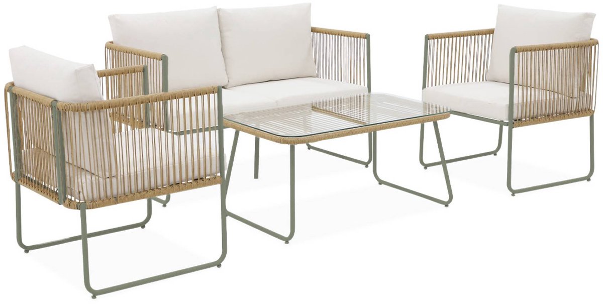 sweeek - Loungeset van touw en gegalvaniseerd staal, salontafel van gehard glas, 4 zitplaatsen