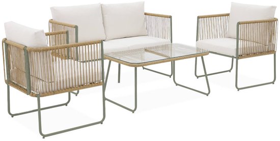 sweeek - Ensemble de salon en corde et acier galvanisé, table basse en verre trempé, 4 places