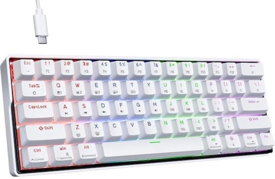 StayPowered Gaming Toetsenbord - Compact en Soepele Prestaties - 60% Mechanisch Toetsenbord - Rode Lineaire Schakelaars - RGB-Verlichting - N-Key Rollover - Afneembare Type-C Kabel - Brede Compatibiliteit - Wit - Levering Sneller dan Aangegeven!