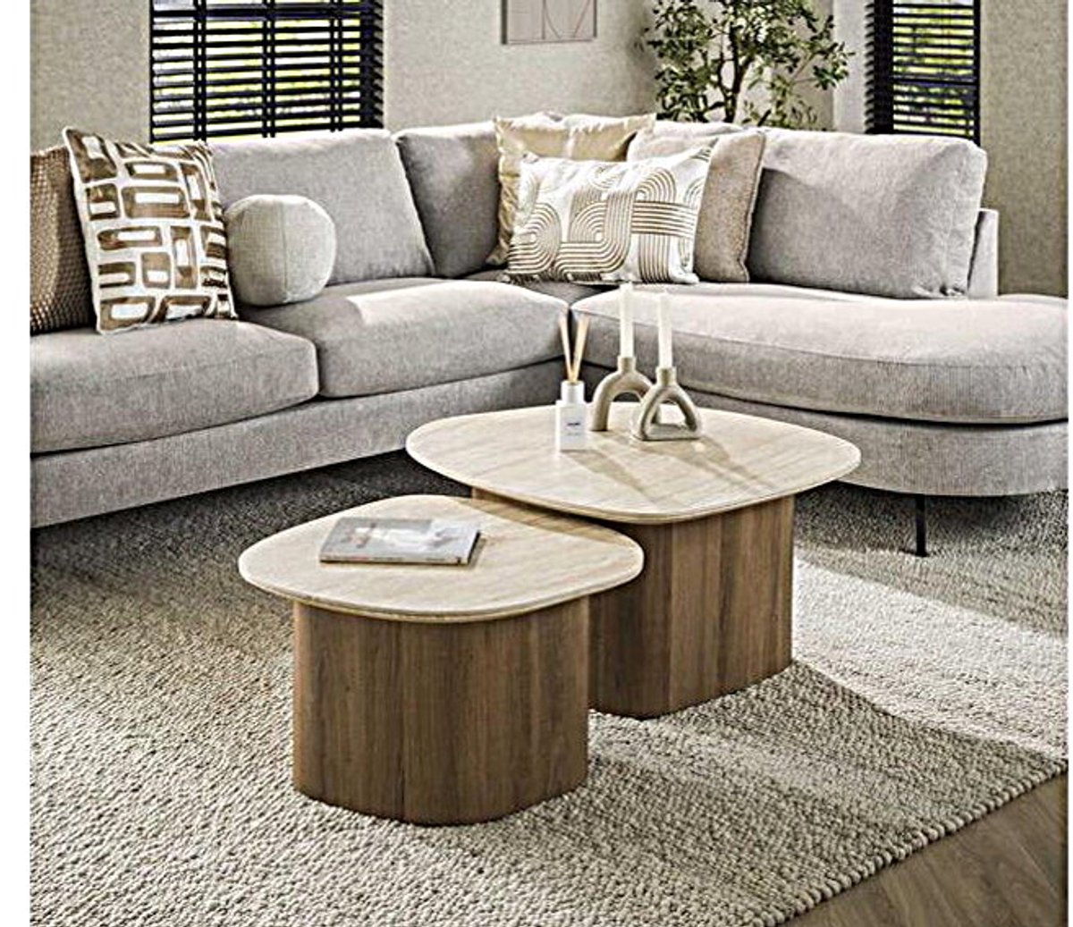 Meubelplaats Salontafel Travertin keramiek set van 2 Kiezel - Japandi Beige