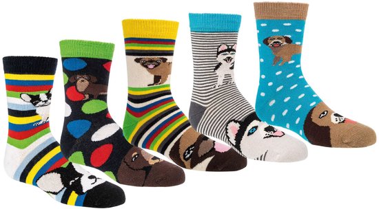 Vrolijke kindersokken maat 35-38 | grappige kinder sokjes | kinderen sokken met happy prints motief | 6 paar bundelvoordeel | kleurrijk korting pakket met thema grappige honden