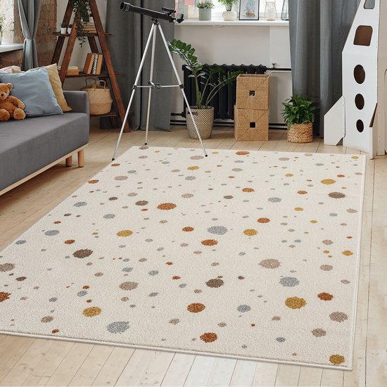 the carpet Beat Kids kinderkleed – bonte stippen, zacht & onderhoudsvriendelijk, crème met kleurrijke stippen in oranje, 80 x 150 cm