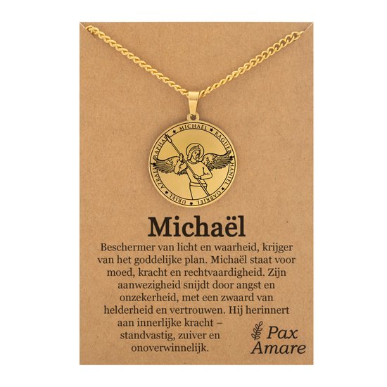Beschermengel Michaël Ketting op Cadeau Kaartje - Goudkleurig - Aartsengel Talisman / Medalion - Stainless Steel Engelen Hanger - 60cm