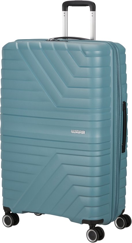 Blauwe koffer met gestreept patroon, American Tourister logo en wieltjes.