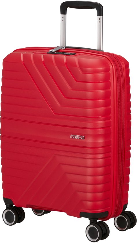 Rode American Tourister spinner koffer met uittrekbare handgreep en vier zwarte wielen.