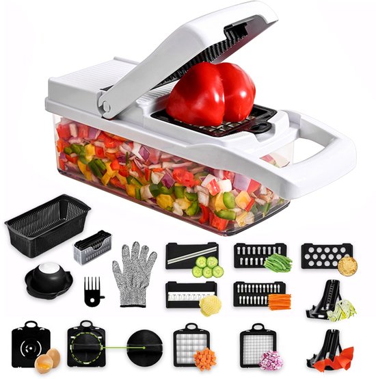 Mandoline - Coupe-légumes - Coupe-oignons - Coupe-frites - Trancheuse Cuisine - Coupe-spirale - Râpe - Julienne Coupe-cuisine - Incl. Séparateur de jaune d'œuf et gant – Coupe-fruits multifonctionnel de grande capacité – 20 pièces