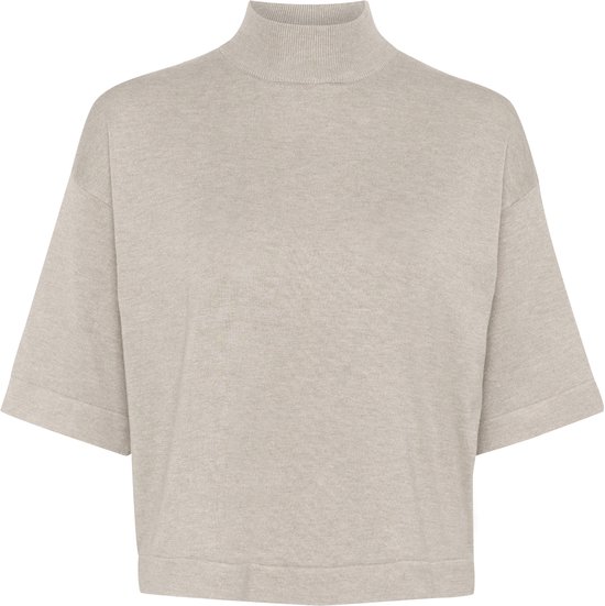 Beige cropped coltrui met korte, wijde mouwen en hoge hals.