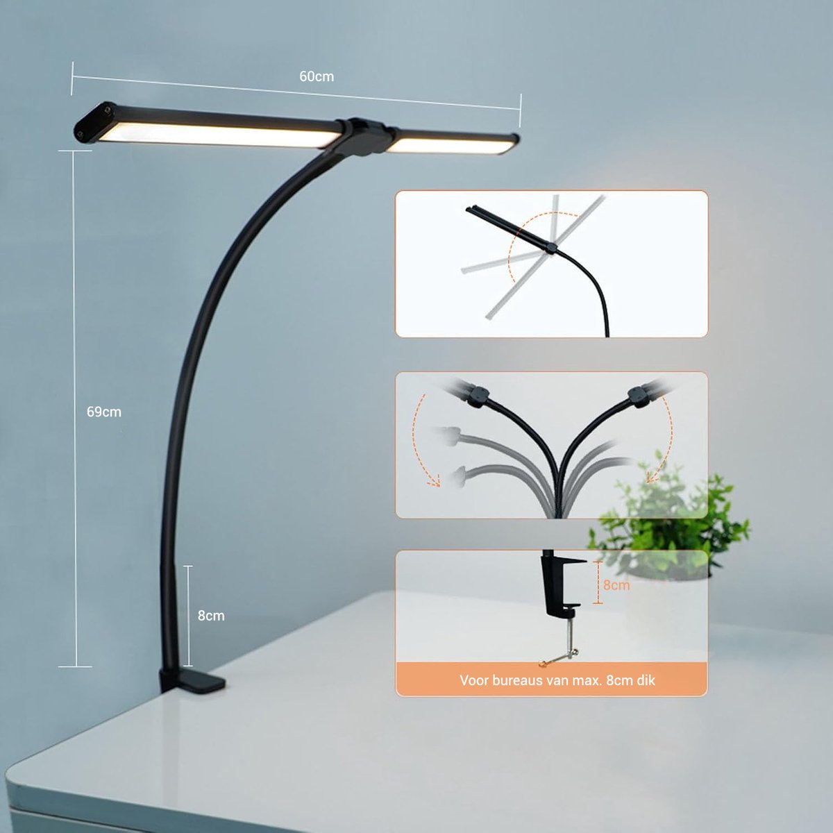 LotaHome Bureaulamp LED Dimbaar - Dubbele Flexibele Klemlamp thumbnail 6