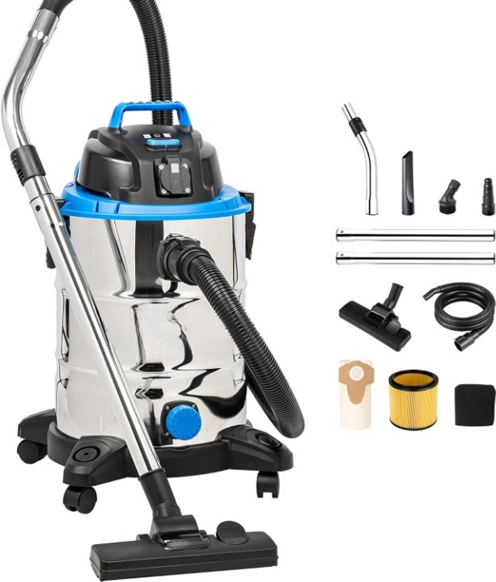 Tapijtreiniger - Tapijtwassers - Nat-Droogstofzuigers - Industriële Stofzuiger - met Accessoires - met Stopcontact - Blaasfunctie - voor Huis - Garage - Auto - Tapijt - RVS - 1500W - 73dB - 30L - ‎63 x 39.5 x 395 cm - Zilver