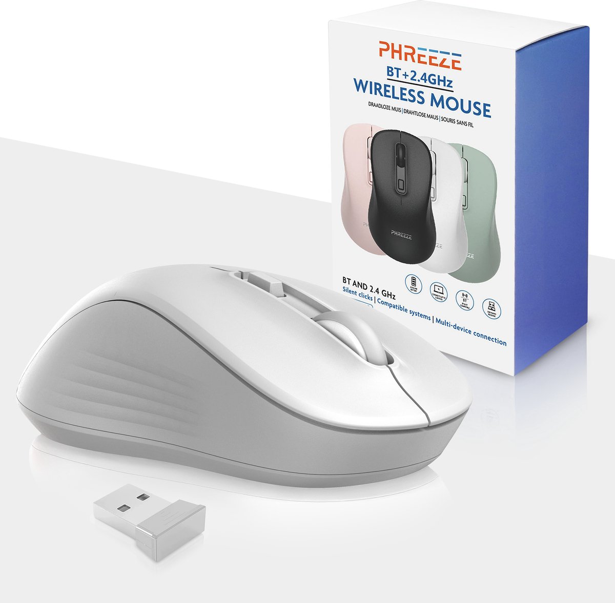 Draadloze Muis met Stille Klik - Bluetooth & 2.4G Draadloos - Tweehandig - Voor Tablet, Laptop en Computer - Wit