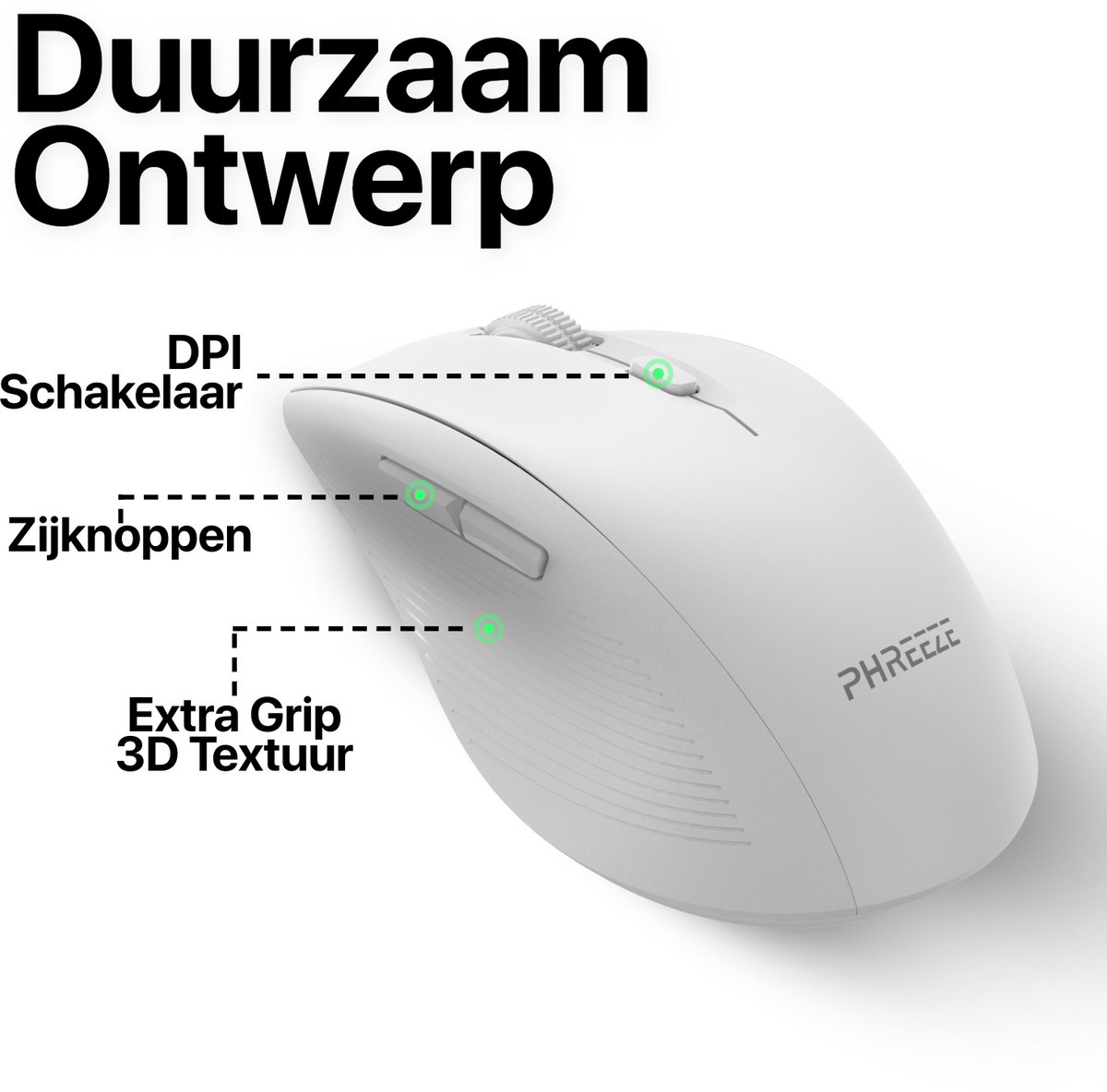 Draadloze stille muis wit met bluetooth & USB ontvanger, ergonomisch, 2 extra knoppen, verstelbare DPI, compatibel Mac, Windows, Android - Afbeelding 3