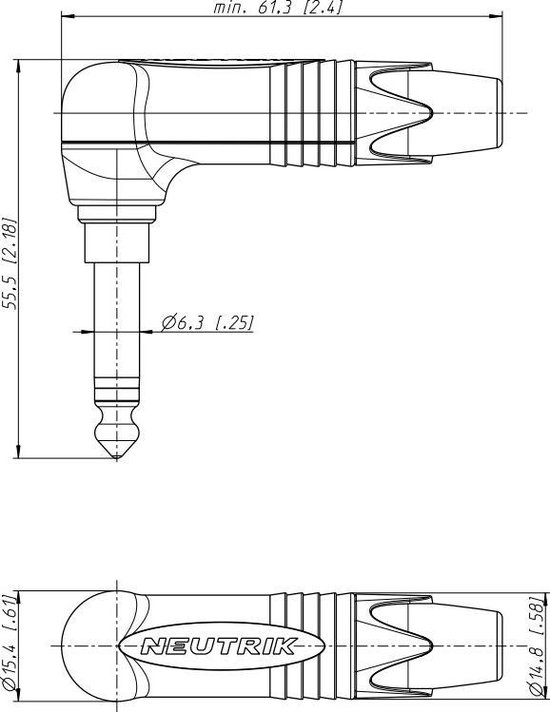 Technische tekening van een Neutrik haakse jackplug met afmetingen. Goudkleurige pin.