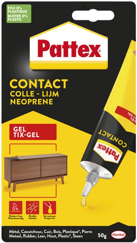 Pattex Contactlijm Tix-Gel in gele en zwarte verpakking, met afbeelding van een kastje.