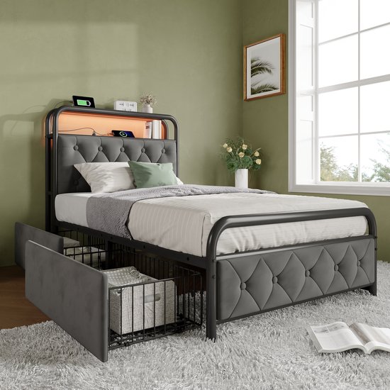 Polsterbett - Einzelbett - avec chargement USB Type C Fonction de chargement - APP-Control LED Bettgestell - Metallbett - 90x200 - Bettrahmen - 2 étagères - Samt - Sans Matras