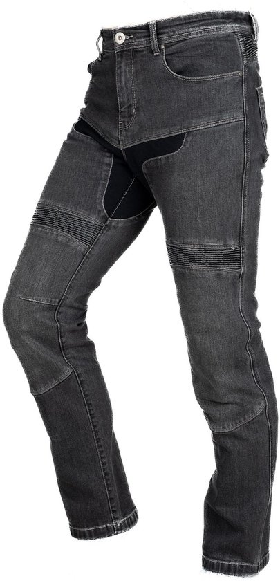 Jean moto gris avec panneaux noirs sur les genoux et ceinture côtelée.