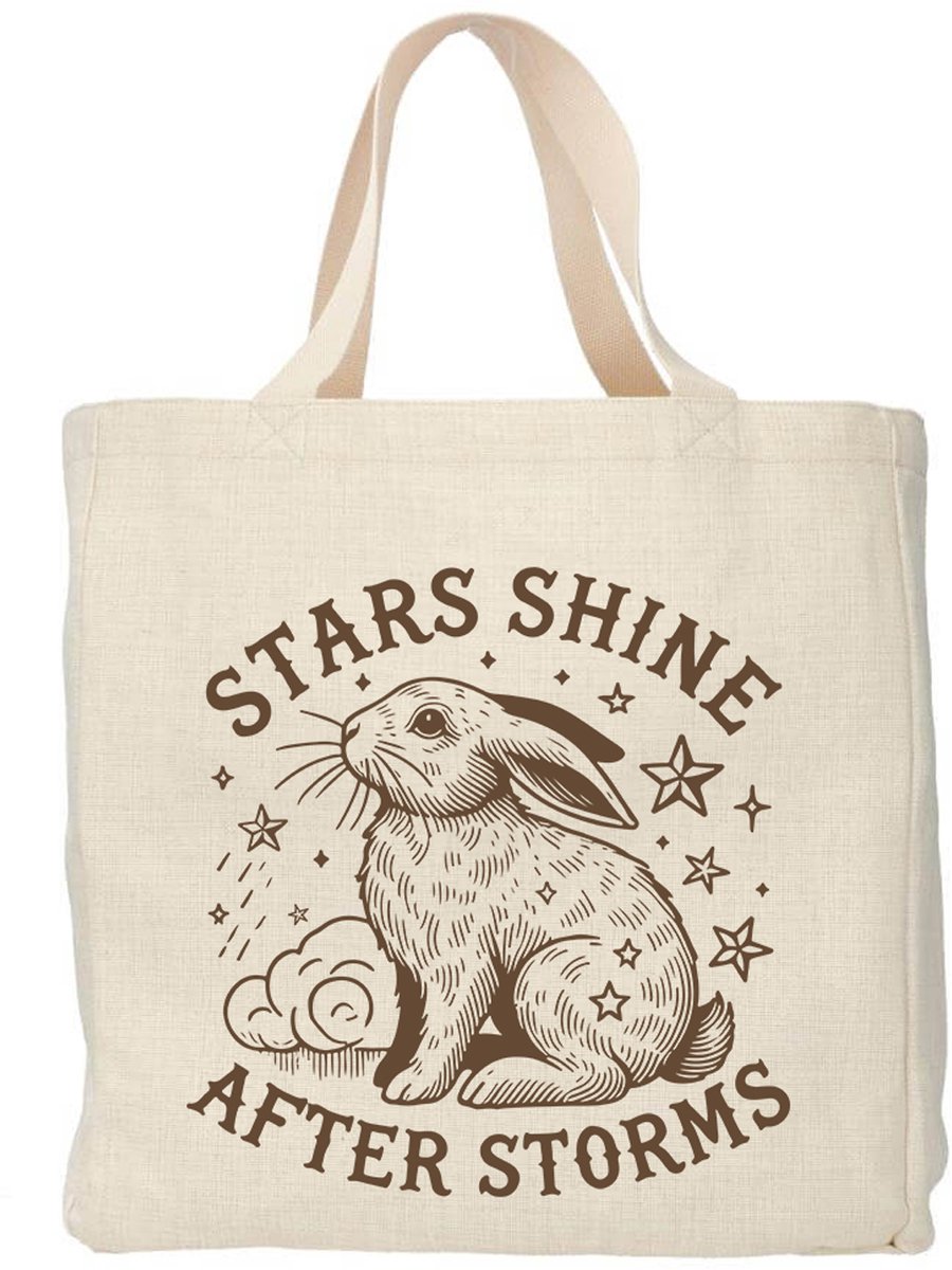 Creasowl® - Stars shine after stoms - Boodschappentas 38 x48 cm - Polylinnen- Konijn tas - Shopper - Canvas tas - Boodschappen tas - Totebag - Schoudertas - Draagtas - Positieve spreuk