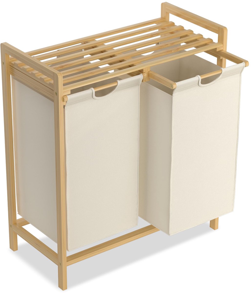 NAIZY Wasmand 2 compartimenten 36L wasbak wassorteerder met bamboe bovenplank en handgrepen wasbox waszak gemaakt van Oxford stof voor wasruimte badkamer, beige